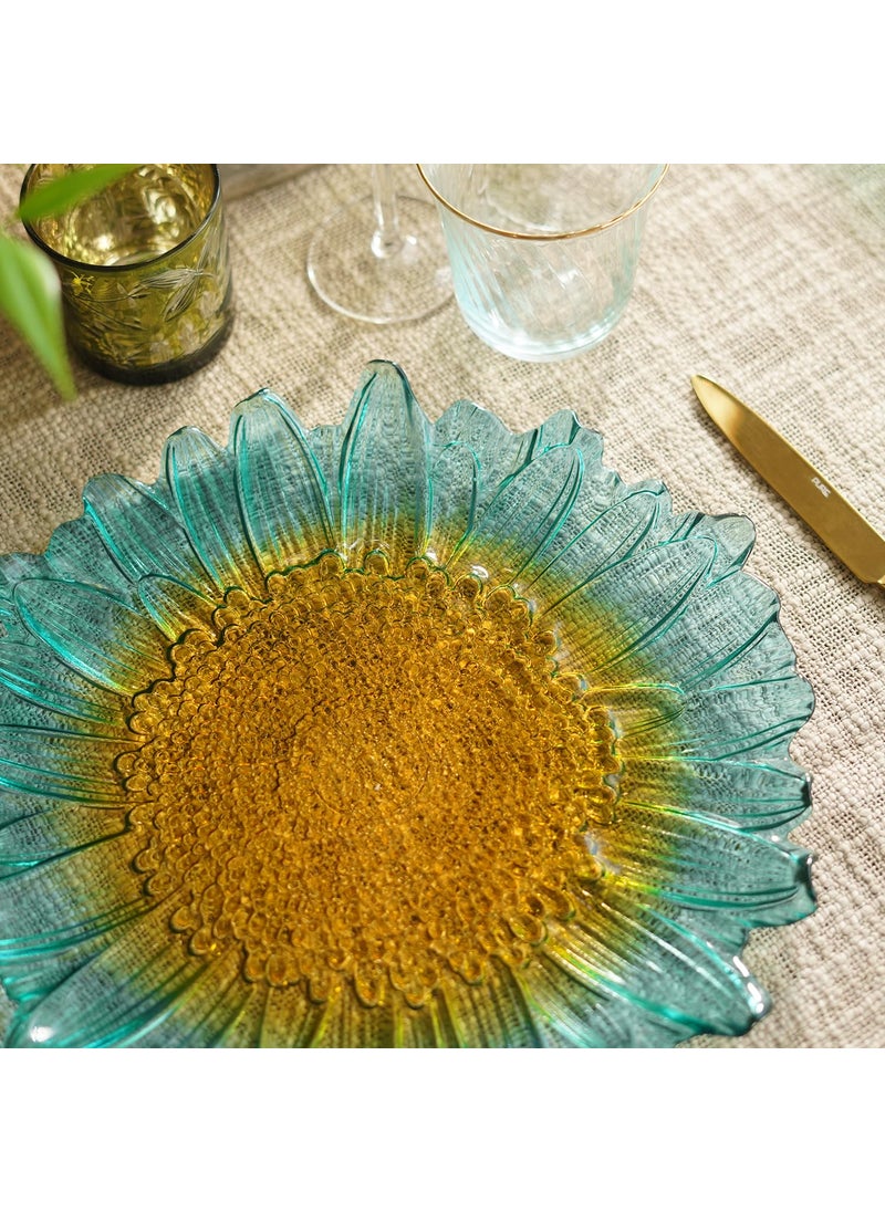 Pure Home Living Set of 2 Blue and Yellow Ombre Gerbera Shaped Glass Dinner Plates