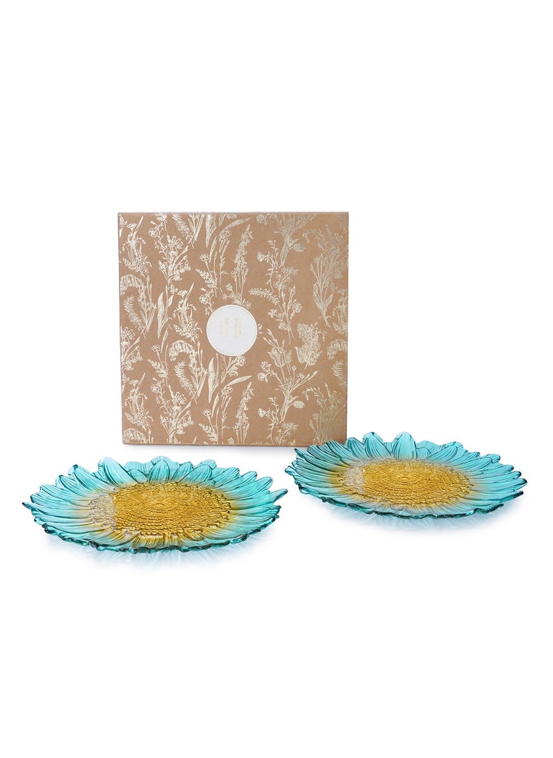 Pure Home Living Set of 2 Blue and Yellow Ombre Gerbera Shaped Glass Dinner Plates