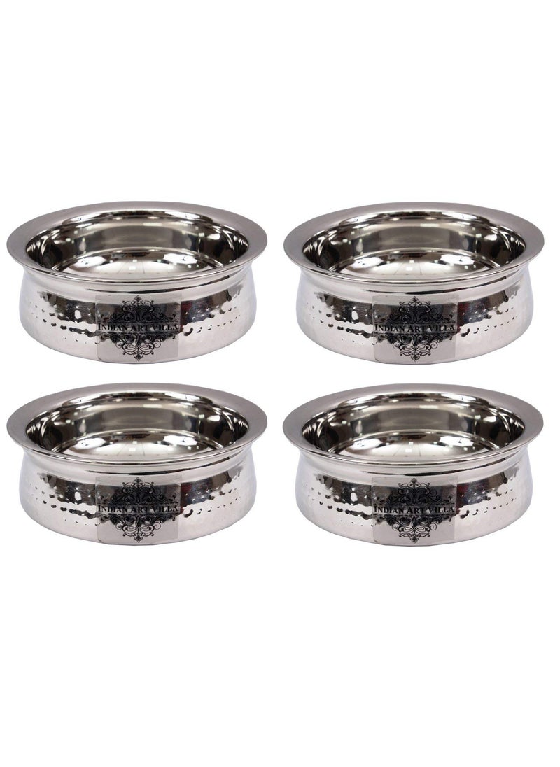 INDIAN ART VILLA Stainless Steel Set of 4 Serving Handi Serving Bowl 600 ML Each Serving Dishes Indian Food Home Hotel Restaurant Tableware