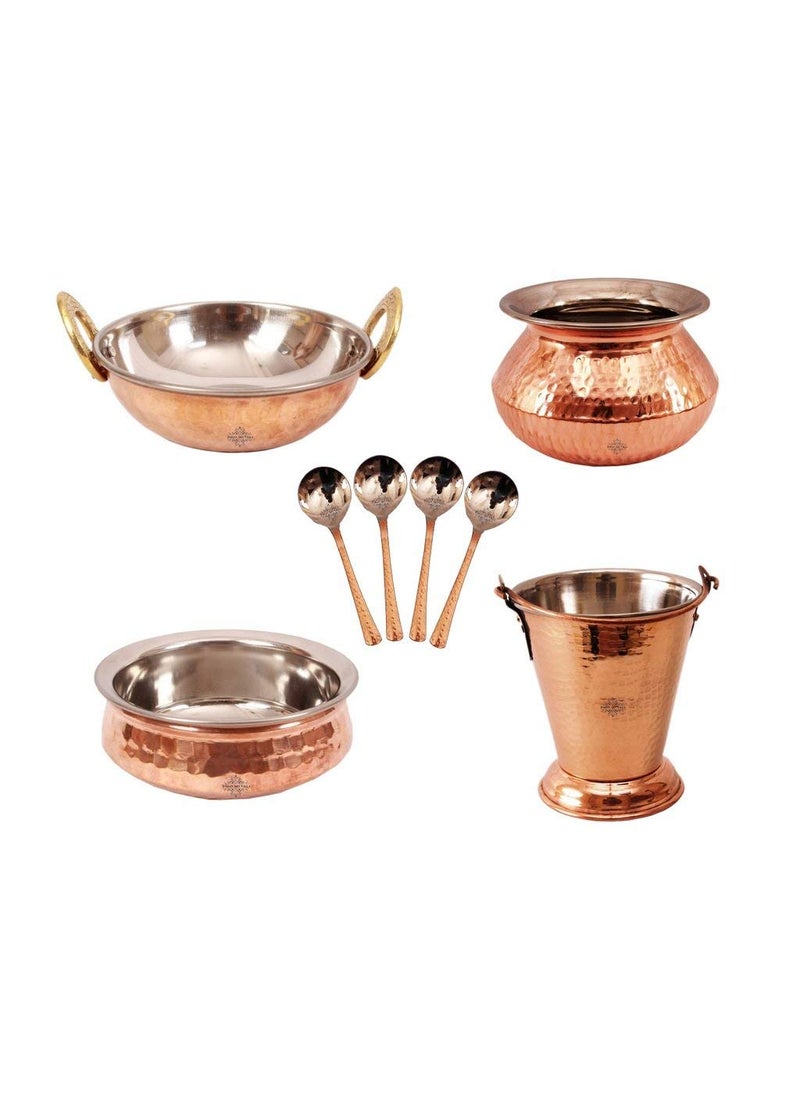 Indian Art Villa 4 Steel Copper Serving SetBucket300 ml Punjabi Handi450 ml Kadai350 ml Handi300 ml with 4 Spoons Serving Dal Rice Curry Chicken MuttonHome Hotel Restaurant Serveware
