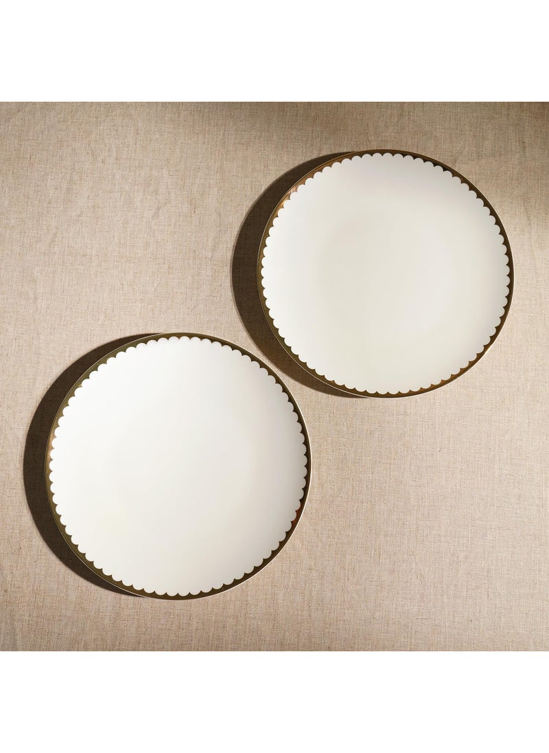 PURE HOME LIVING Set of 2 Ivory and Gold Scallop Detail Ceramic Dinner Plates