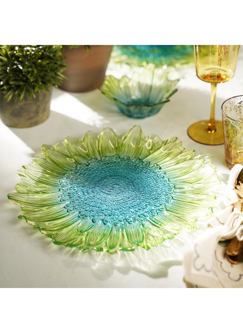 PURE HOME LIVING Set of 2 Green Blue Ombre Gerbera Glass Dinner Plates Kitchen Counter Decorative Plates Modern Tableware and Dinnerware Platesuse for Dinner Lunch Breakfast