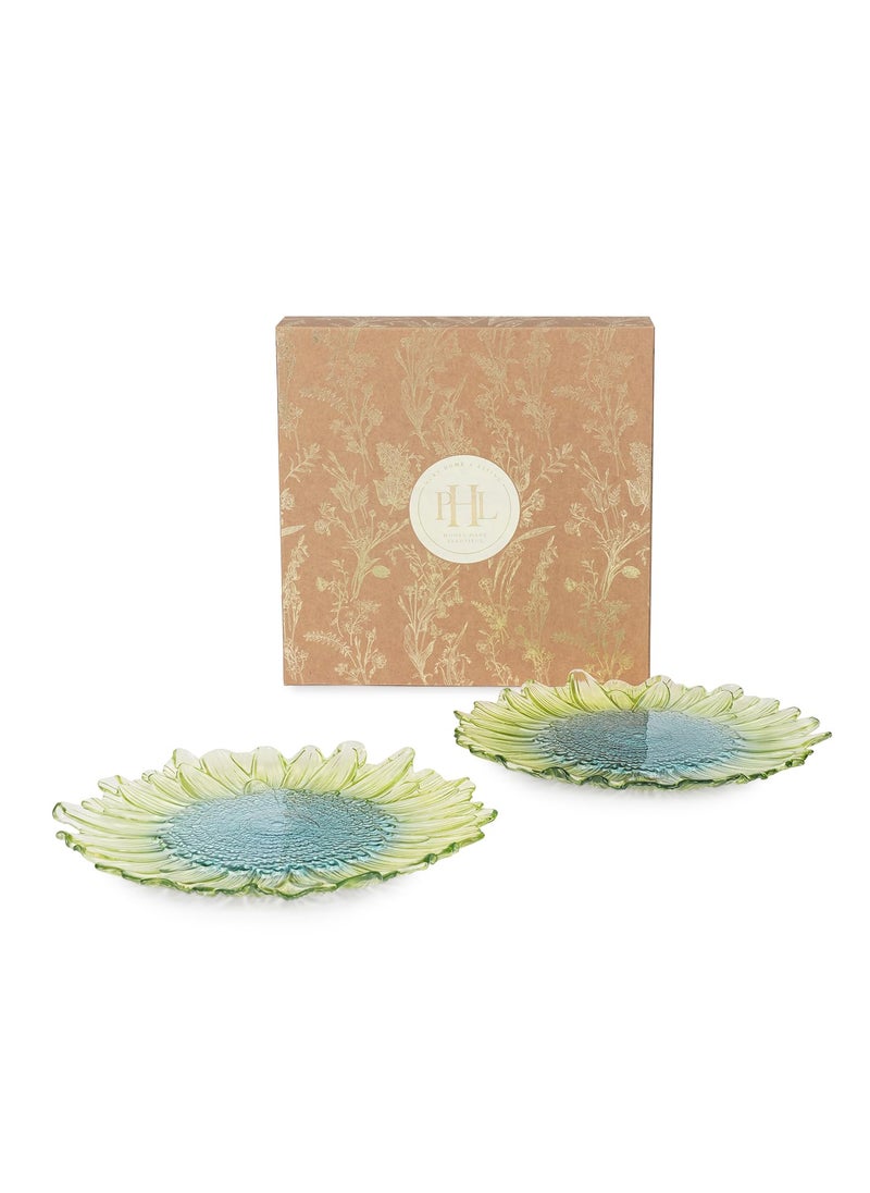 PURE HOME LIVING Set of 2 Green Blue Ombre Gerbera Glass Dinner Plates Kitchen Counter Decorative Plates Modern Tableware and Dinnerware Platesuse for Dinner Lunch Breakfast