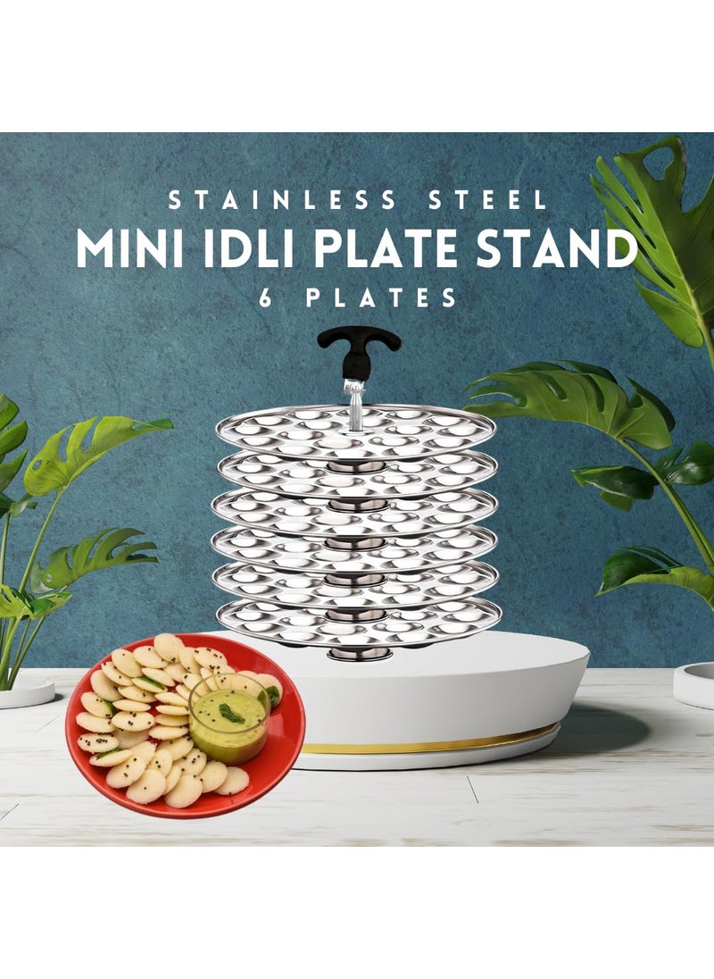 AadiVeer Royal Stainless Steel 6 Mini Idli Plates Mini Idli Stand Mini Idli Maker 108 Idlies With Stand Lifter Silver