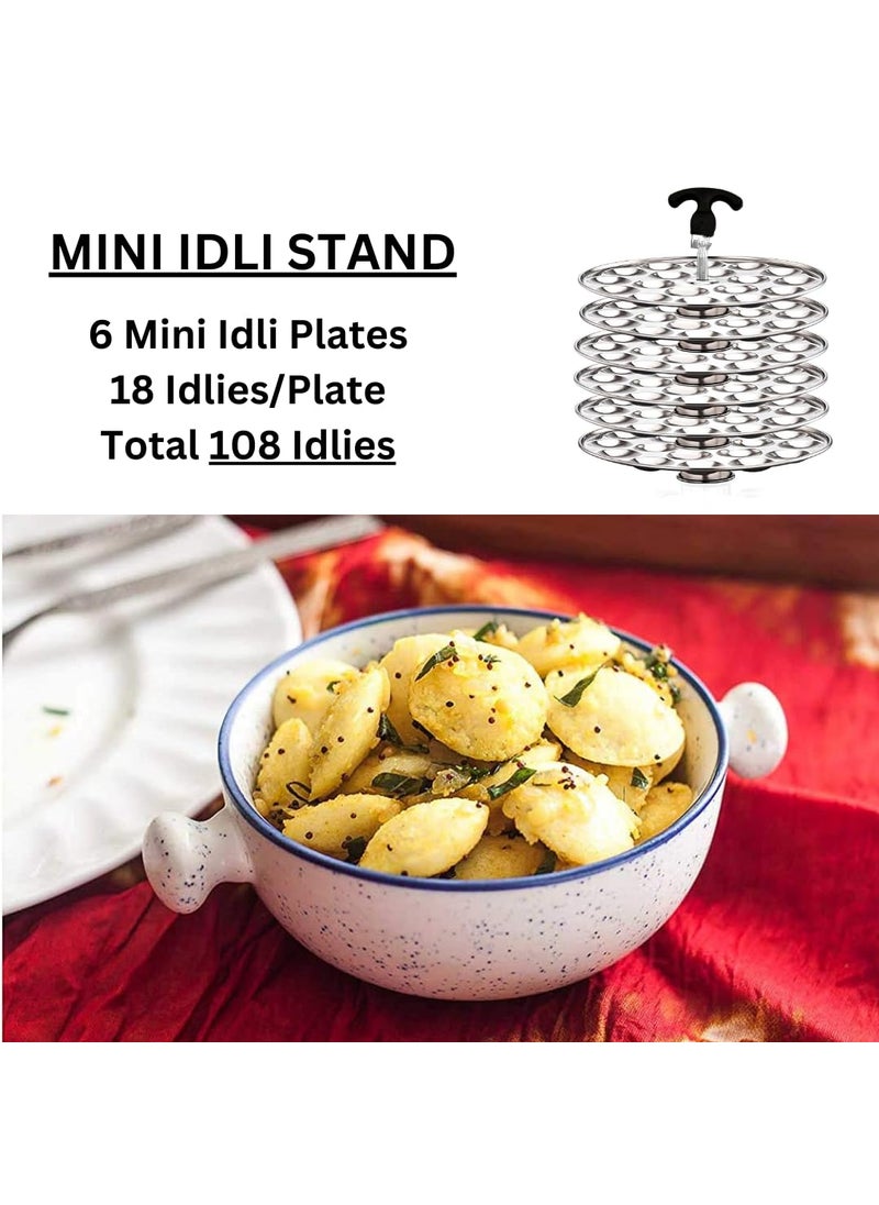 AadiVeer Royal Stainless Steel 6 Mini Idli Plates Mini Idli Stand Mini Idli Maker 108 Idlies With Stand Lifter Silver