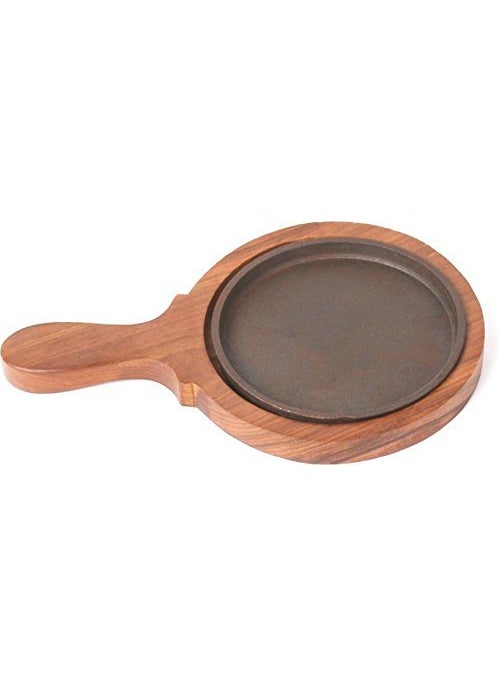 ENGARC Round Brownie Sizzler Plate Wooden Base with Handle 6 inch Sizzler Platter