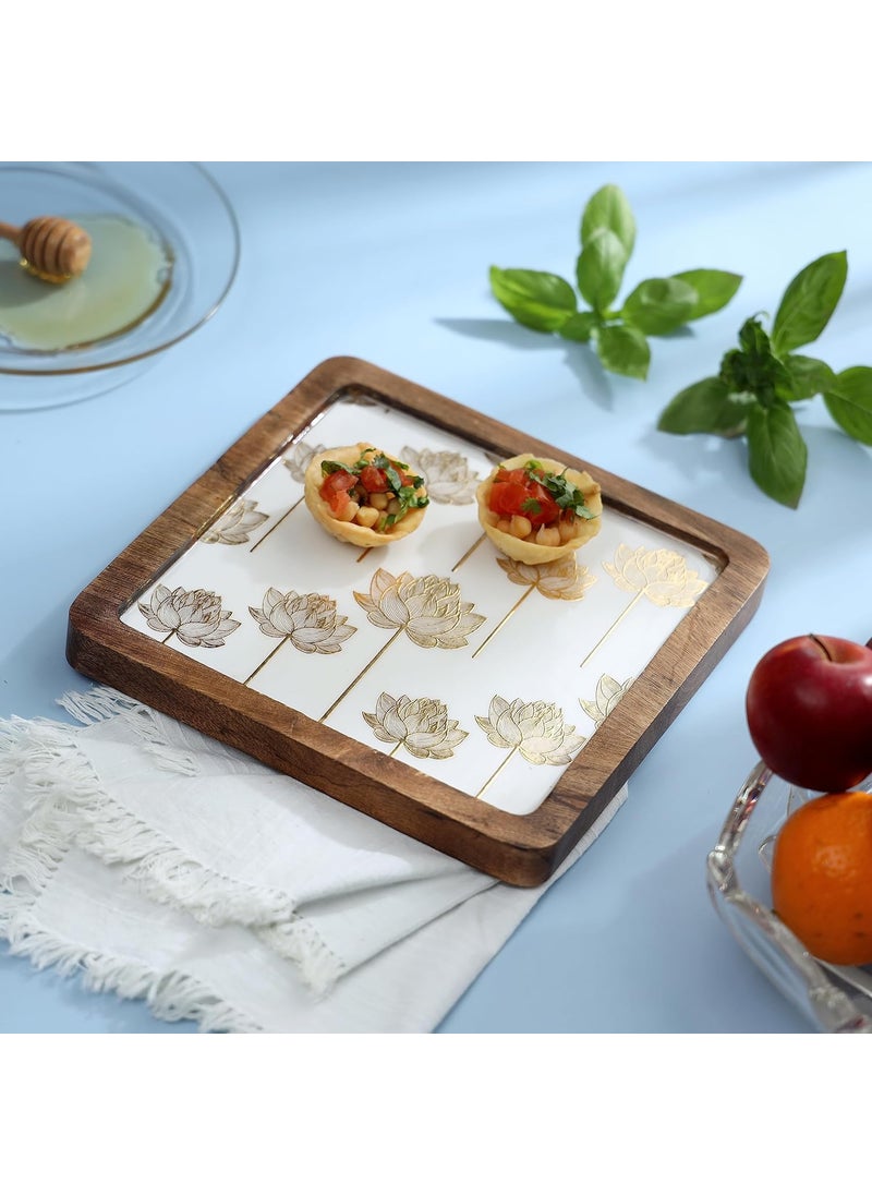 DULI Enamel Coated Square 8x8 inches Serving Platter in Mangowood Snacks Platter for Home Dining Table Multipurpose Tray Serving Tray Round Tray MangowoodPlatter WhiteLotusSq