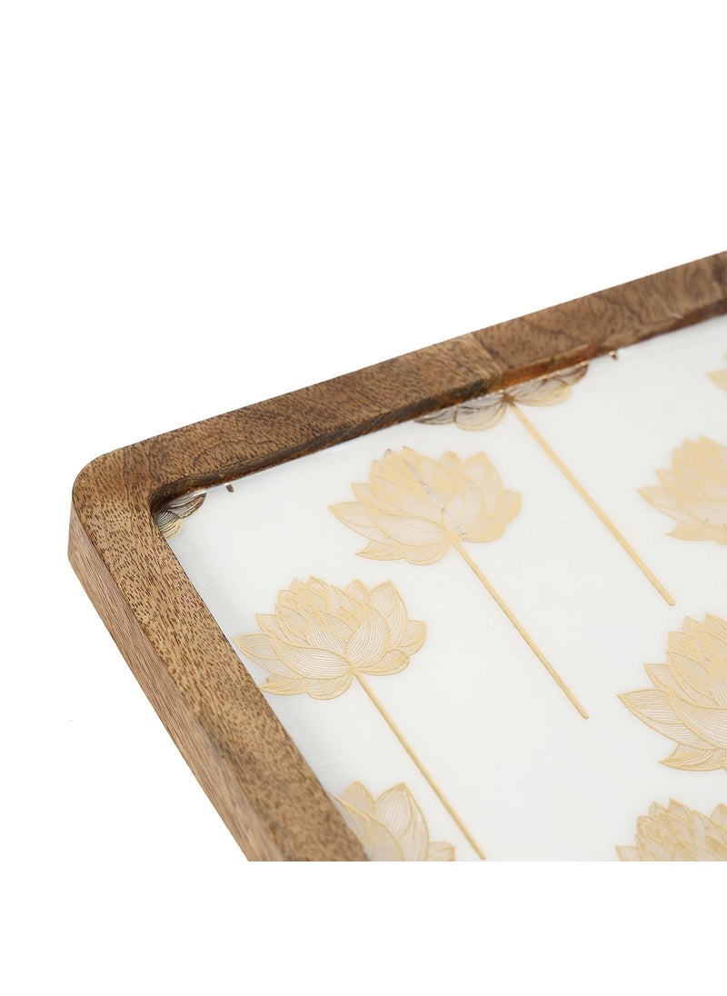 DULI Enamel Coated Square 8x8 inches Serving Platter in Mangowood Snacks Platter for Home Dining Table Multipurpose Tray Serving Tray Round Tray MangowoodPlatter WhiteLotusSq