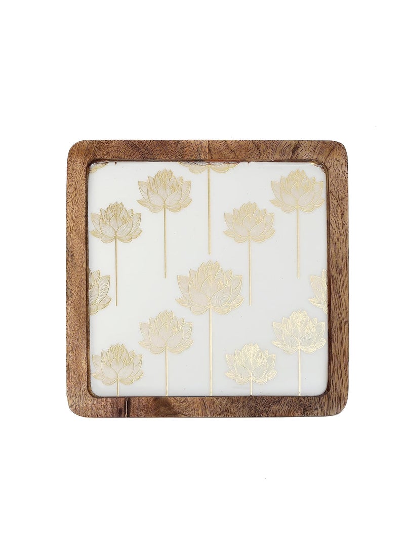 DULI Enamel Coated Square 8x8 inches Serving Platter in Mangowood Snacks Platter for Home Dining Table Multipurpose Tray Serving Tray Round Tray MangowoodPlatter WhiteLotusSq