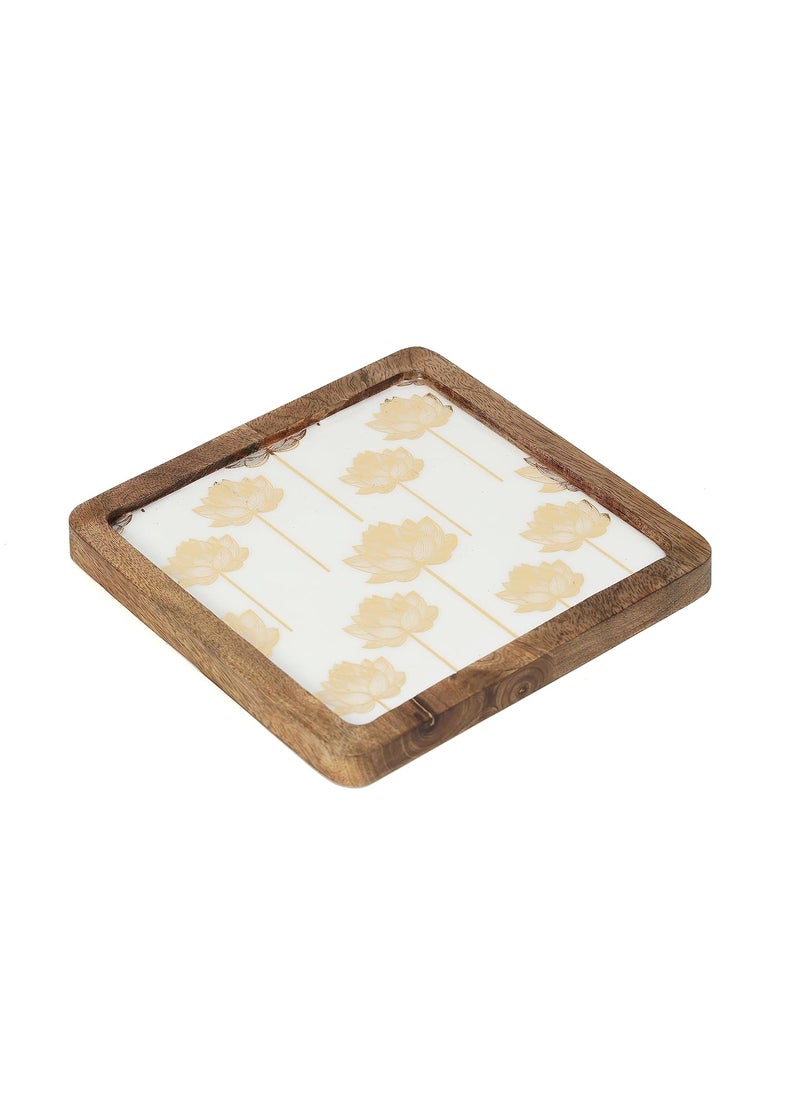 DULI Enamel Coated Square 8x8 inches Serving Platter in Mangowood Snacks Platter for Home Dining Table Multipurpose Tray Serving Tray Round Tray MangowoodPlatter WhiteLotusSq