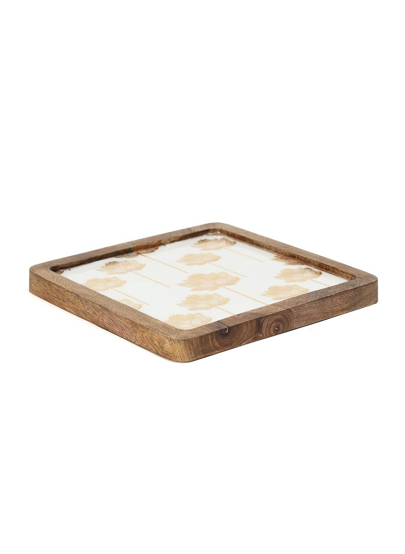 DULI Enamel Coated Square 8x8 inches Serving Platter in Mangowood Snacks Platter for Home Dining Table Multipurpose Tray Serving Tray Round Tray MangowoodPlatter WhiteLotusSq