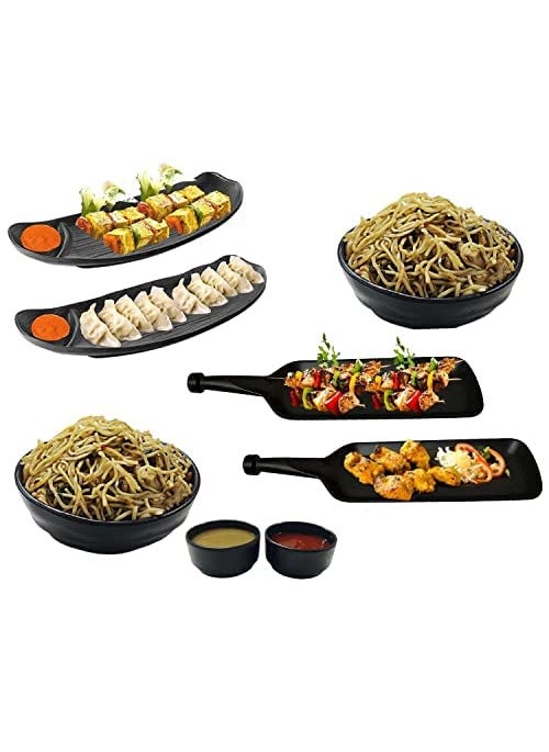 DECOR VIBES Melamine French Fries Momos Paneer Tikka Serving Platter with 2 Noodles Bowls and 2 Dip Bowls Unbreakable Dessert and Snacks PlatterTray Matt Black Combo Pack of 8
