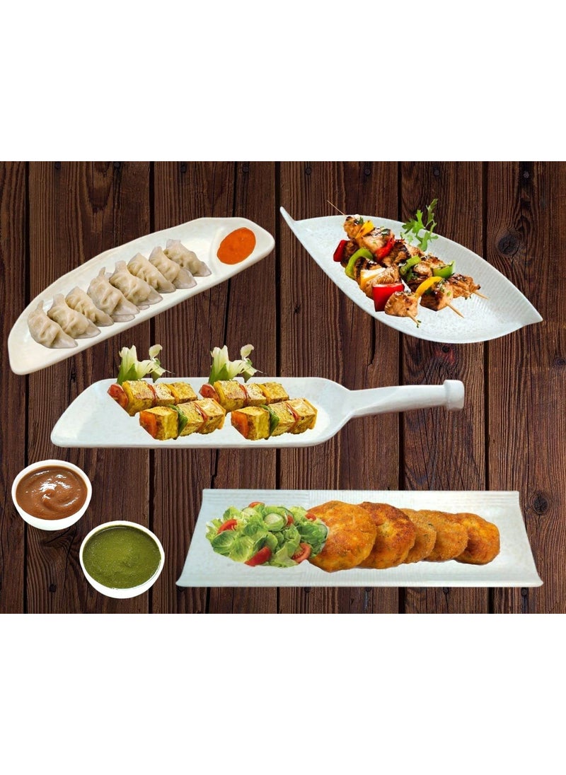 Home Decorise Melamine White Serving Platter Combo with Dip Bowl for Kabab Paneer Tikka French Fries Momos Rolls Dessert and Snacks ServingTray Marble White Combo of 6 Pcs