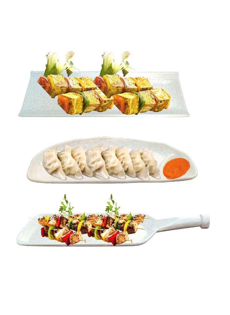 Home Decorise Melamine White Serving Platter Combo with Dip Bowl for Kabab Paneer Tikka French Fries Momos Rolls Dessert and Snacks ServingTray Marble White Combo of 6 Pcs