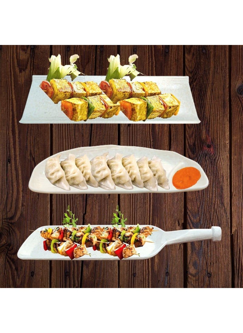 Home Decorise Melamine White Serving Platter Combo with Dip Bowl for Kabab Paneer Tikka French Fries Momos Rolls Dessert and Snacks ServingTray Marble White Combo of 6 Pcs