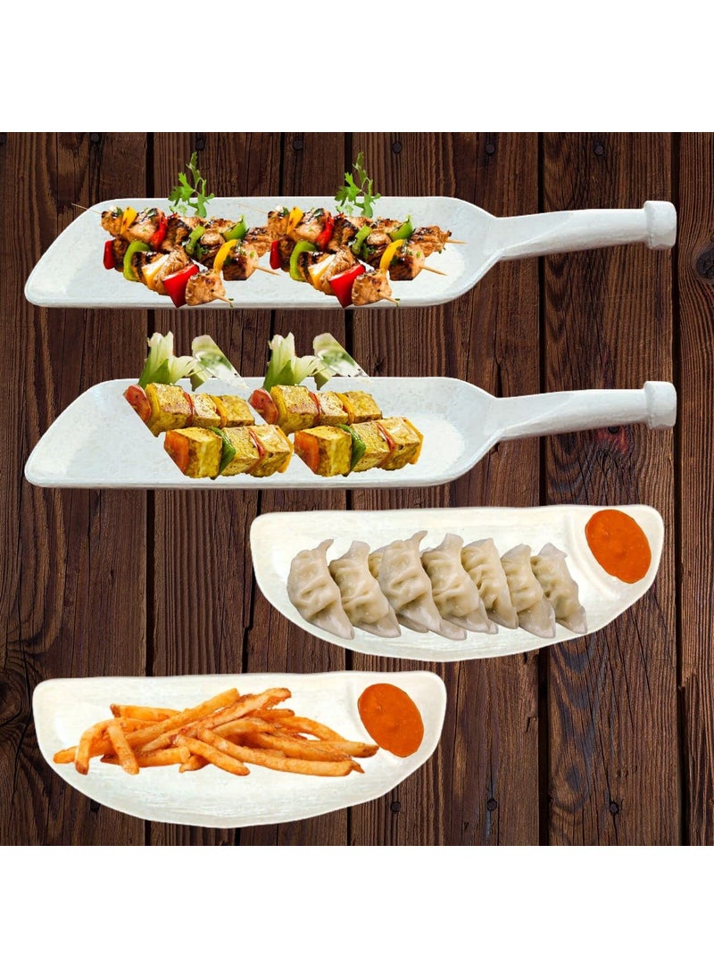 Home Decorise Melamine White Serving Platter Combo with Dip Bowl for Kabab Paneer Tikka French Fries Momos Rolls Dessert and Snacks ServingTray Marble White Combo of 6 Pcs