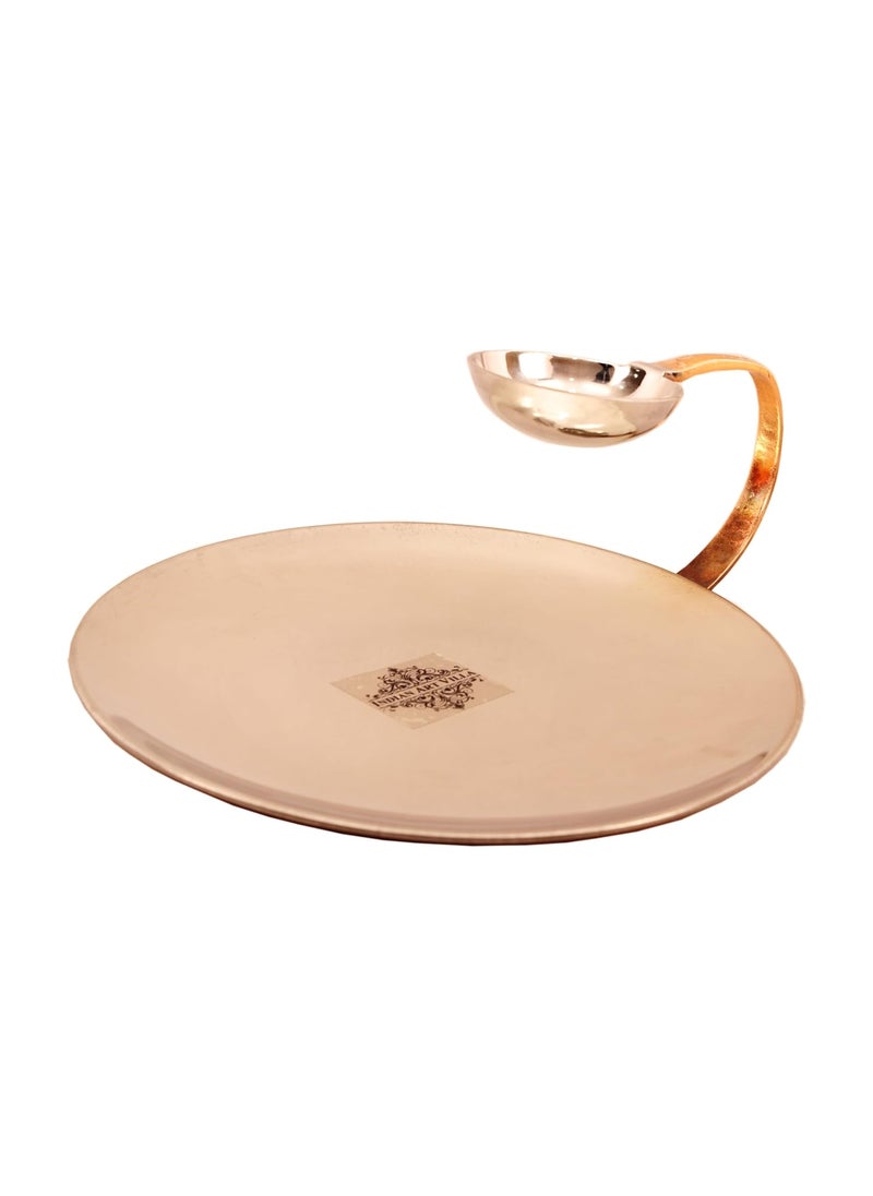 INDIAN ART VILLA Copper Finish Serving Platter with Attached Dip Bowl Stainless Steel Tableware for Snacks Appetizers and Sauces Volume 50 ML