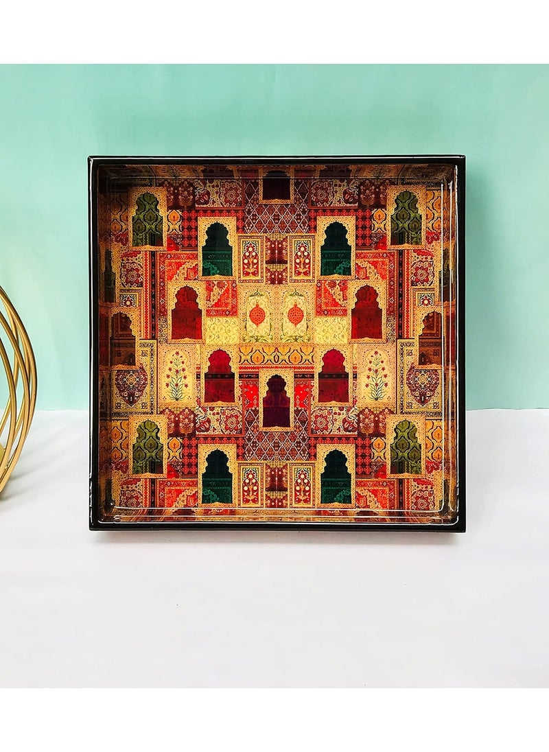 DULI Enamel Coated Multipurpose Tray in MDF Serving Tray for Home Dining Table Multipurpose Tray Water Heat Resistant Durable Jharoka