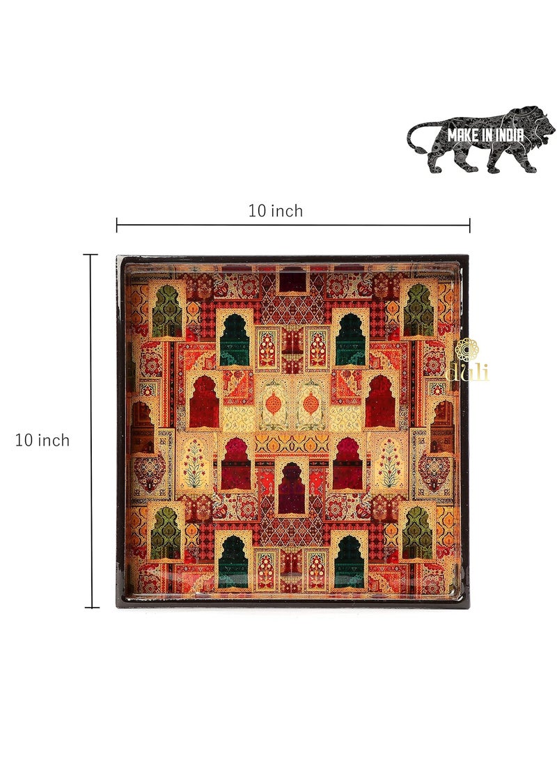 DULI Enamel Coated Multipurpose Tray in MDF Serving Tray for Home Dining Table Multipurpose Tray Water Heat Resistant Durable Jharoka