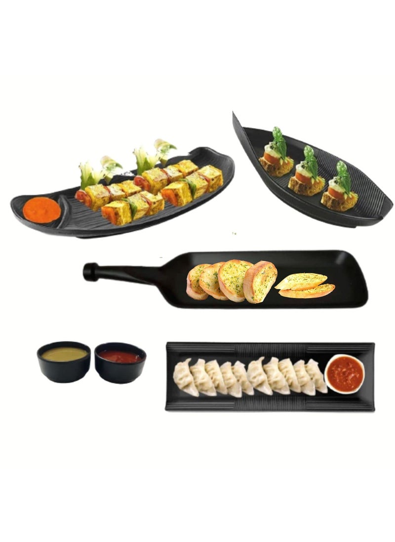 DECOR VIBES Melamine Serving Platter Combo for French Fries Momos Rolls Dessert and Snacks ServingTray Gift for Diwali Matt Black Combo of 6 Pcs