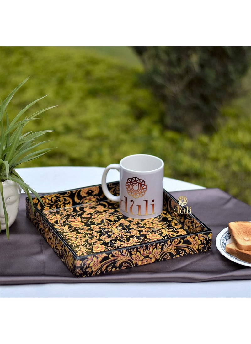 DULI Enamel Coated Multipurpose Tray in MDF Serving Tray for Home Dining Table Multipurpose Tray Water Heat Resistant Durable Black Golden Floral