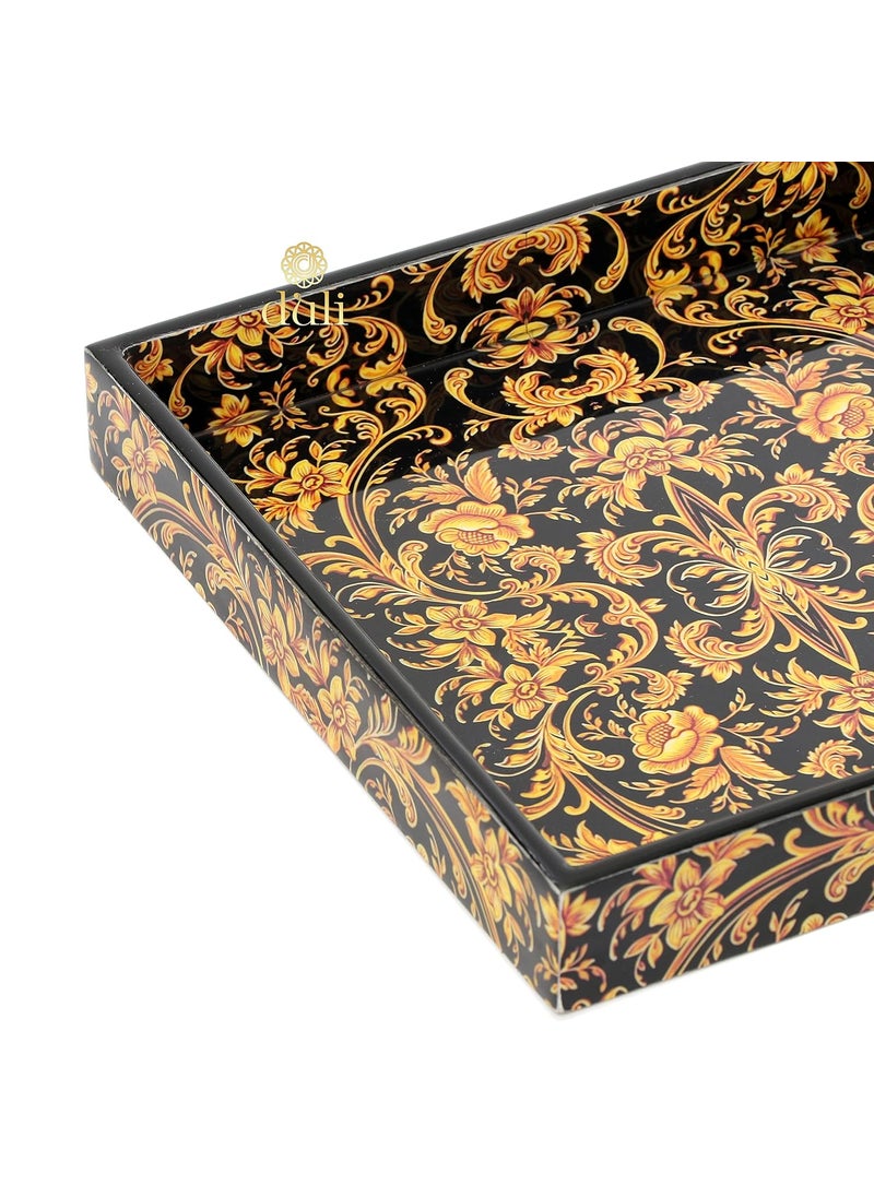 DULI Enamel Coated Multipurpose Tray in MDF Serving Tray for Home Dining Table Multipurpose Tray Water Heat Resistant Durable Black Golden Floral