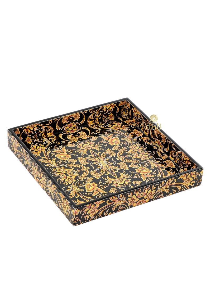 DULI Enamel Coated Multipurpose Tray in MDF Serving Tray for Home Dining Table Multipurpose Tray Water Heat Resistant Durable Black Golden Floral