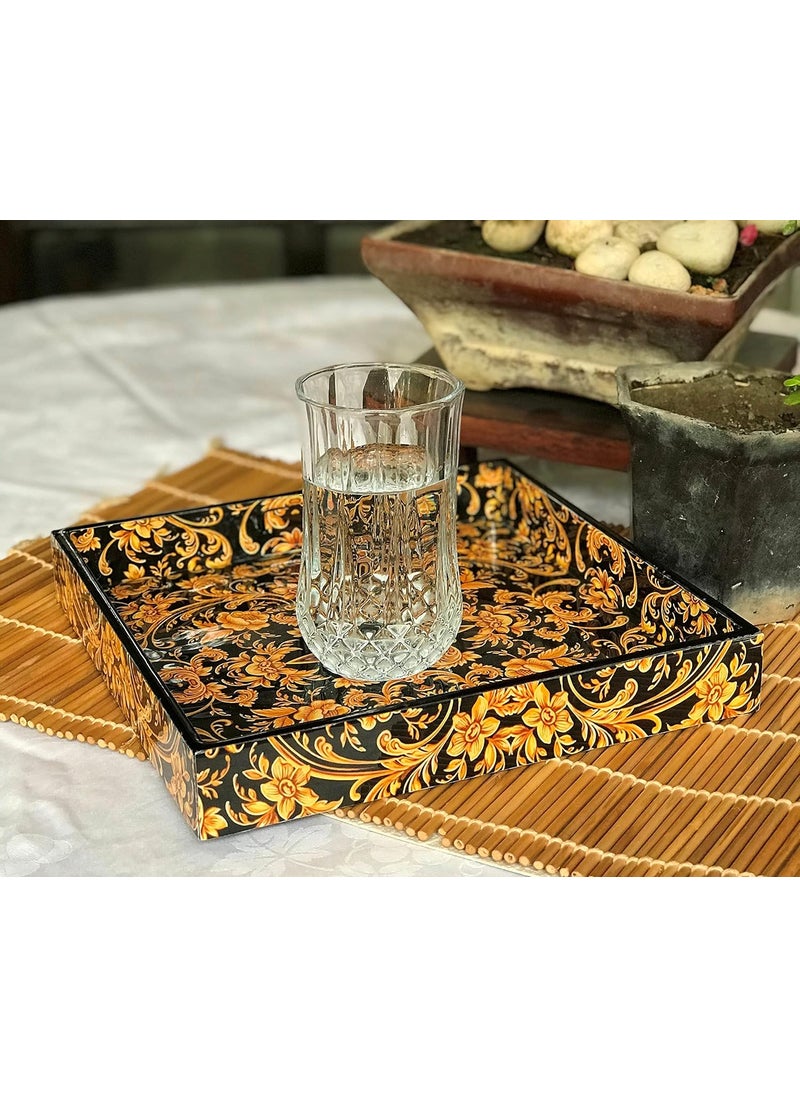DULI Enamel Coated Multipurpose Tray in MDF Serving Tray for Home Dining Table Multipurpose Tray Water Heat Resistant Durable Black Golden Floral
