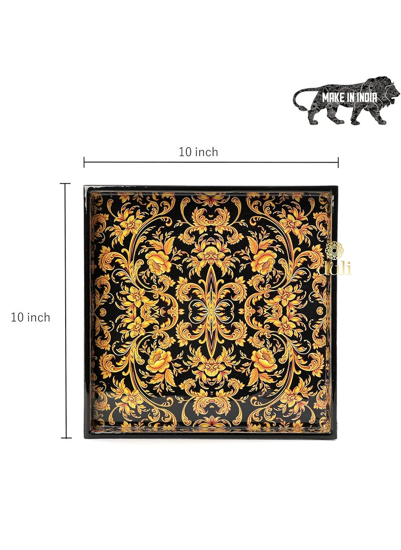 DULI Enamel Coated Multipurpose Tray in MDF Serving Tray for Home Dining Table Multipurpose Tray Water Heat Resistant Durable Black Golden Floral