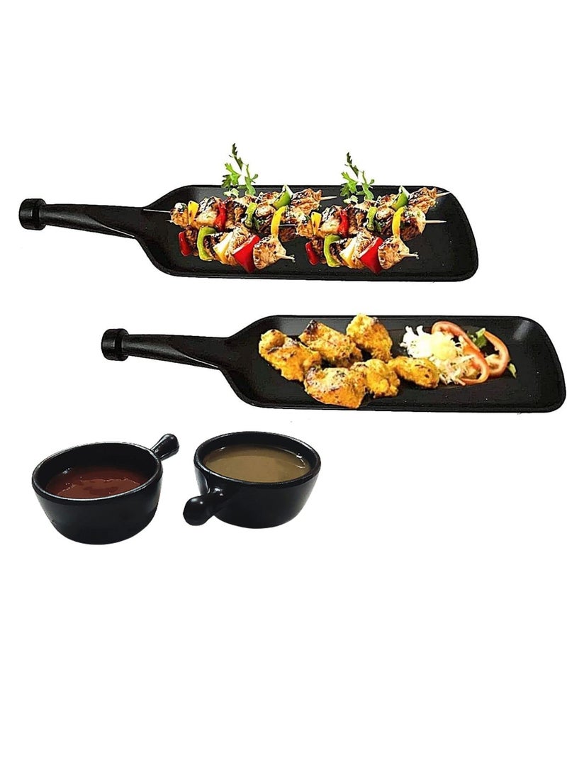 Decor Vibes Melamine Bat Platter for French Fries Momos Paneer Tikka Serving Platter with 2 Dip Bowl Unbreakable Serving Starter Dessert and Snacks PlatterTray Matt Black Combo of 4