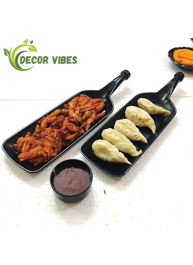 Decor Vibes Melamine Serving Bat Platter with Dip Bowl for French Fries Momos Rolls Dessert and Snacks ServingTray Diwali Gift Matt Black Pack of 4