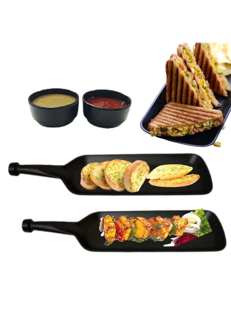 Decor Vibes Melamine Serving Bat Platter with Dip Bowl for French Fries Momos Rolls Dessert and Snacks ServingTray Diwali Gift Matt Black Pack of 4