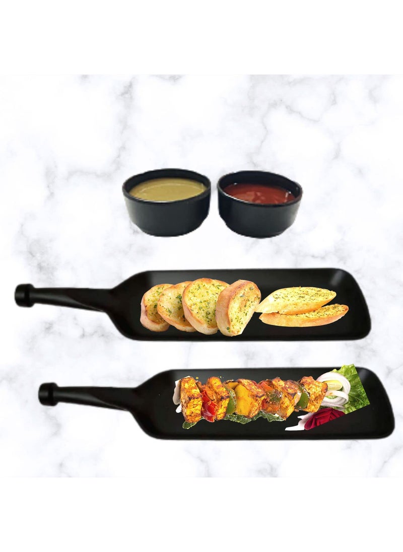 Decor Vibes Melamine Serving Bat Platter with Dip Bowl for French Fries Momos Rolls Dessert and Snacks ServingTray Diwali Gift Matt Black Pack of 4