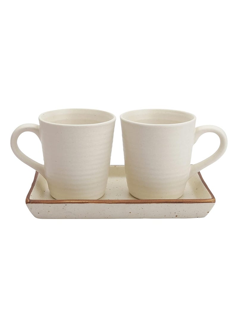 miah decor Handcrafted White Matte Finish Ceramic Platter with 2 Ceramic Mugs8X4Microwave Dishwasher Safe