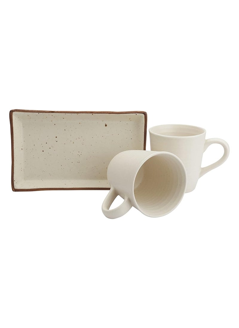 miah decor Handcrafted White Matte Finish Ceramic Platter with 2 Ceramic Mugs8X4Microwave Dishwasher Safe