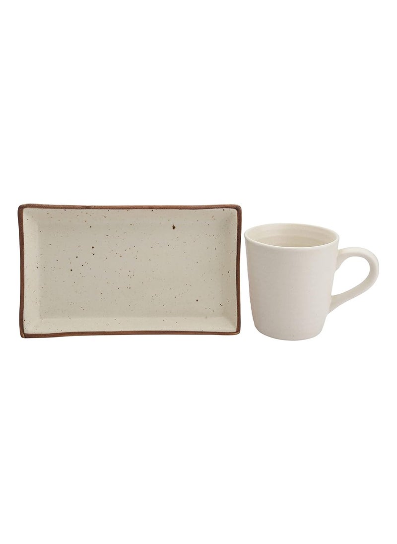 miah decor Handcrafted White Matte Finish Ceramic Platter with 2 Ceramic Mugs8X4Microwave Dishwasher Safe