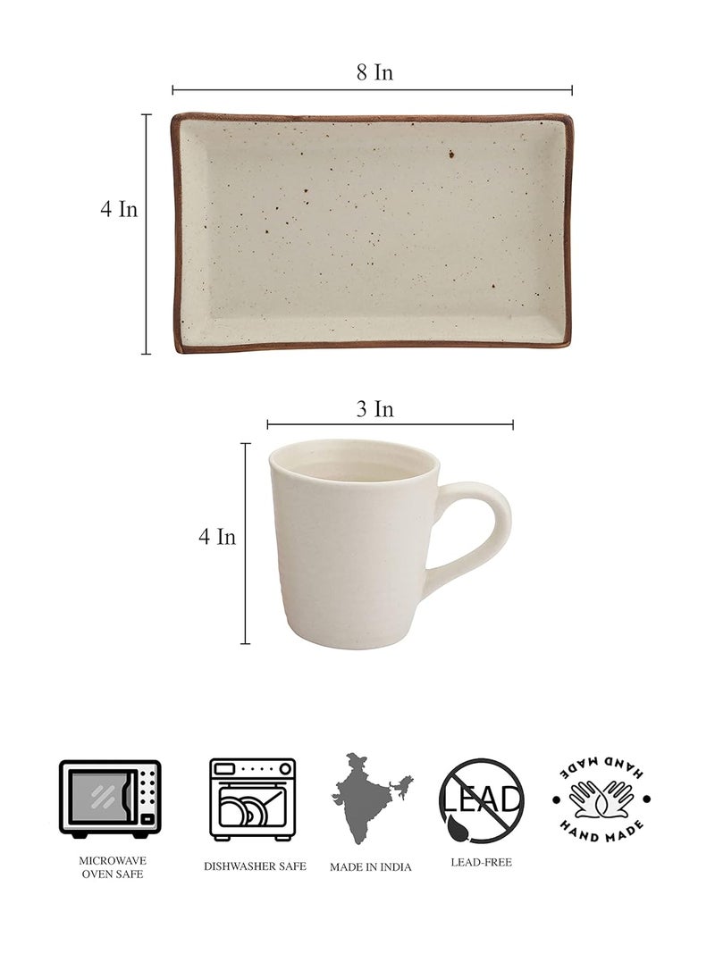 miah decor Handcrafted White Matte Finish Ceramic Platter with 2 Ceramic Mugs8X4Microwave Dishwasher Safe