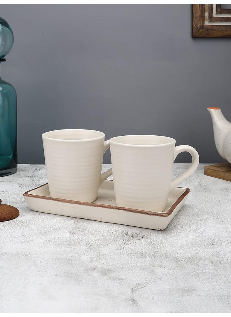 miah decor Handcrafted White Matte Finish Ceramic Platter with 2 Ceramic Mugs8X4Microwave Dishwasher Safe