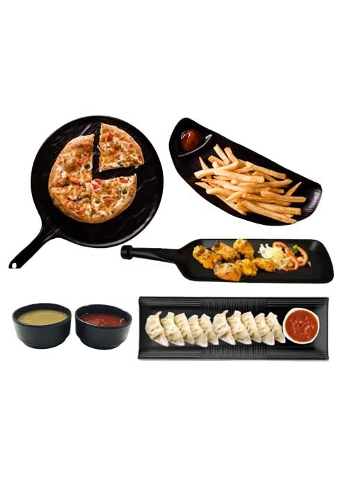 DECOR VIBES Melamine Pizza Pasta Platter Combo Rolls French Fries Momos Serving Platter with 2 Dip Bowl Serving Dessert and Snacks PlateTray Multipurpose Matt Black Combo of 6