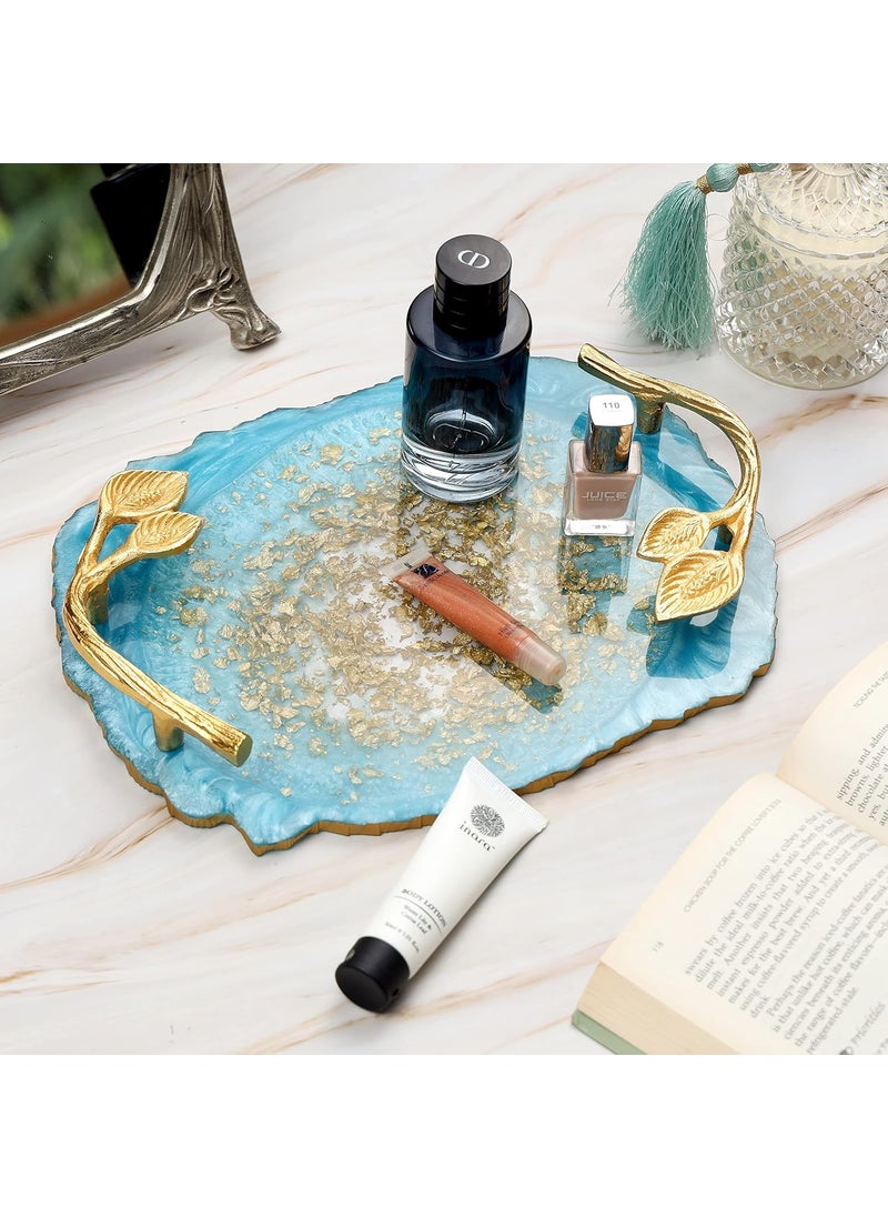 DULI Resin Multipurpose Tray with Golden Handle Serving Tray for Home Dining Table Water Heat Resistant Durable Delicate Tray Showpiece Tray ResinTray Blue with Flakes