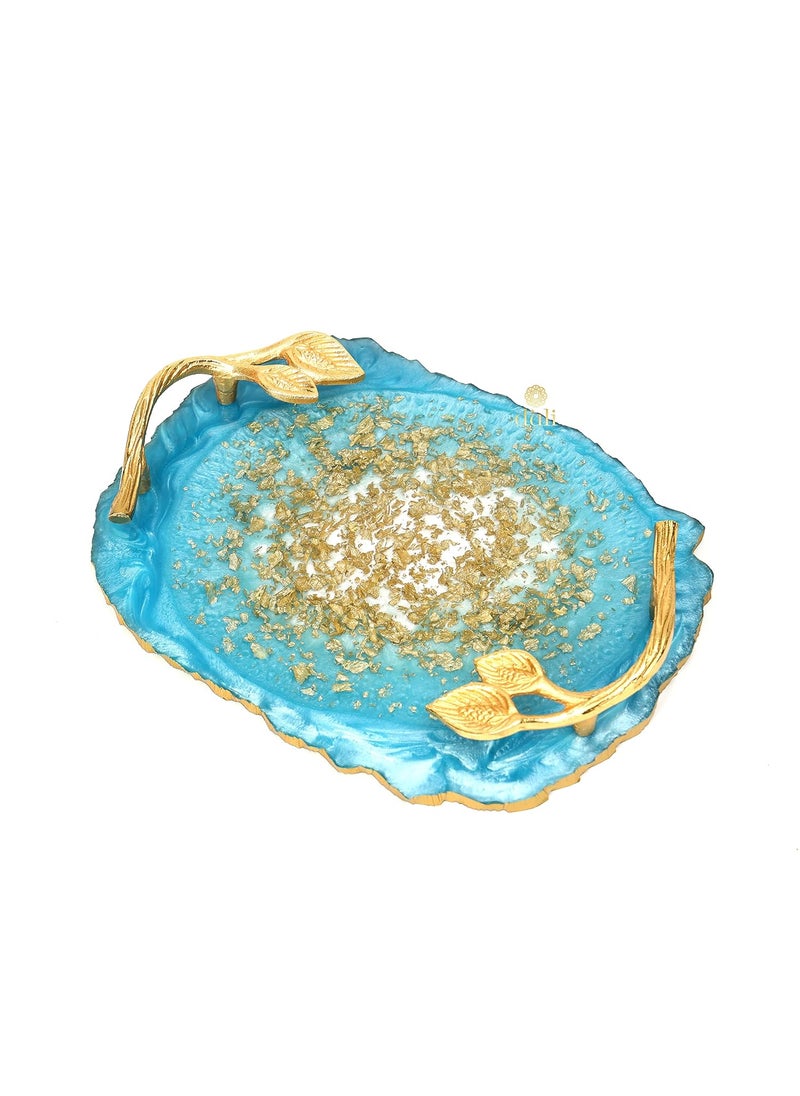 DULI Resin Multipurpose Tray with Golden Handle Serving Tray for Home Dining Table Water Heat Resistant Durable Delicate Tray Showpiece Tray ResinTray Blue with Flakes