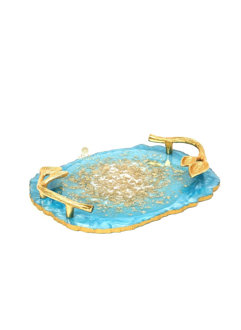 DULI Resin Multipurpose Tray with Golden Handle Serving Tray for Home Dining Table Water Heat Resistant Durable Delicate Tray Showpiece Tray ResinTray Blue with Flakes
