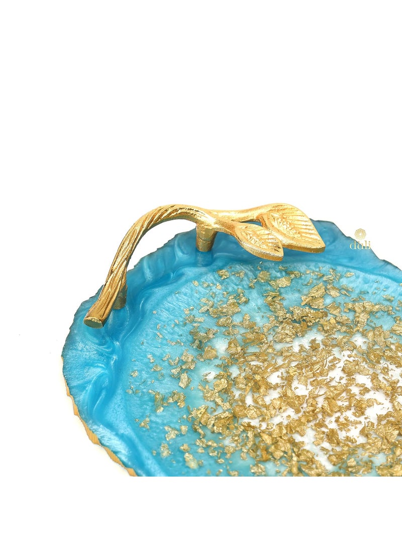 DULI Resin Multipurpose Tray with Golden Handle Serving Tray for Home Dining Table Water Heat Resistant Durable Delicate Tray Showpiece Tray ResinTray Blue with Flakes