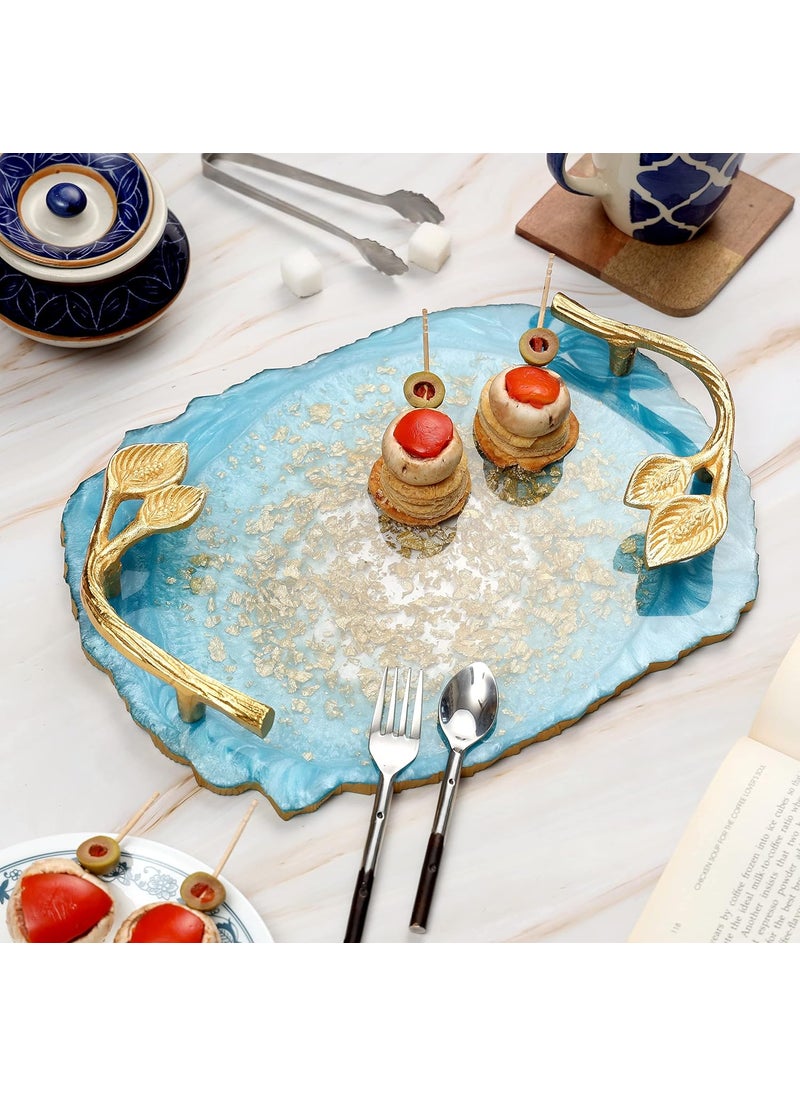DULI Resin Multipurpose Tray with Golden Handle Serving Tray for Home Dining Table Water Heat Resistant Durable Delicate Tray Showpiece Tray ResinTray Blue with Flakes
