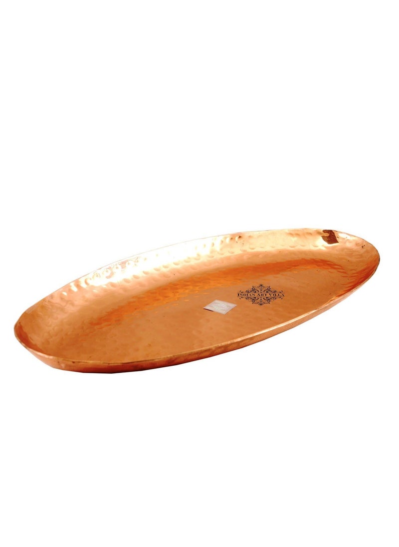 Indian Art Villa 10 Inch Copper Hammered Oval Tray Platter For Serving Dishes Tea Coffee Home Restaurant