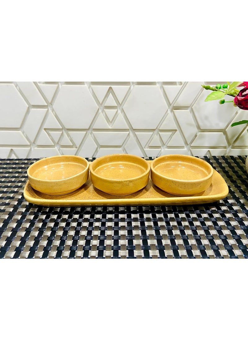 ALTAICA Prime Porcelain Serving Platter with Three Dip Bowls for Snacks Starter Perfect for Modern Kitchen Yellow Colour