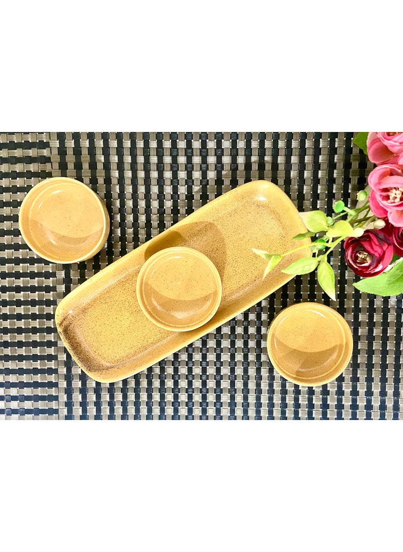 ALTAICA Prime Porcelain Serving Platter with Three Dip Bowls for Snacks Starter Perfect for Modern Kitchen Yellow Colour
