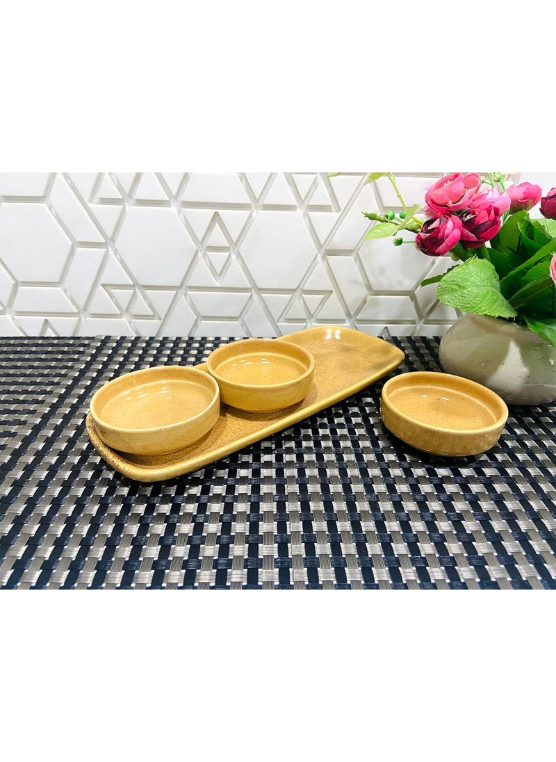 ALTAICA Prime Porcelain Serving Platter with Three Dip Bowls for Snacks Starter Perfect for Modern Kitchen Yellow Colour