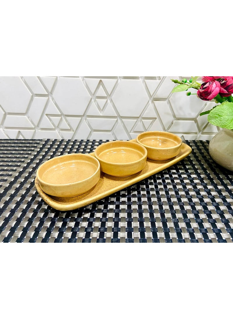 ALTAICA Prime Porcelain Serving Platter with Three Dip Bowls for Snacks Starter Perfect for Modern Kitchen Yellow Colour