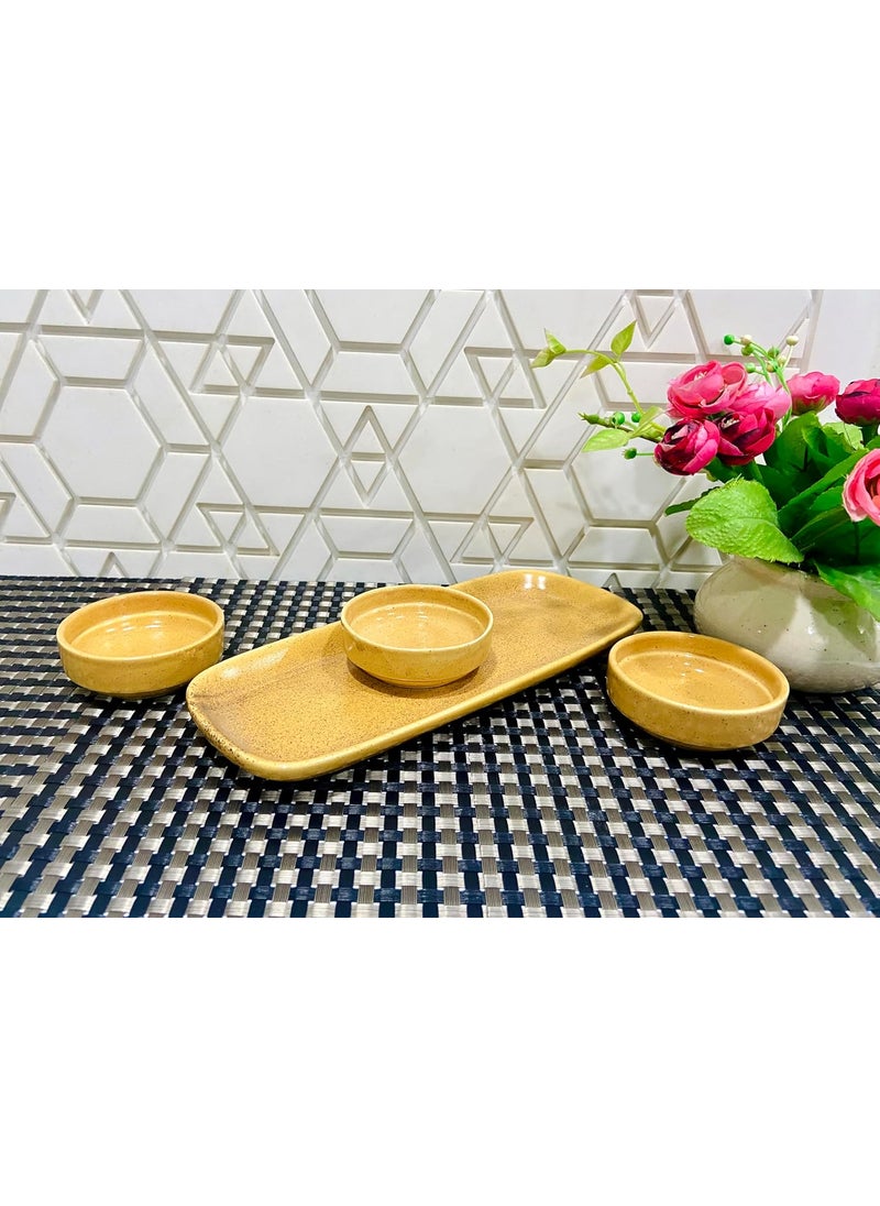 ALTAICA Prime Porcelain Serving Platter with Three Dip Bowls for Snacks Starter Perfect for Modern Kitchen Yellow Colour